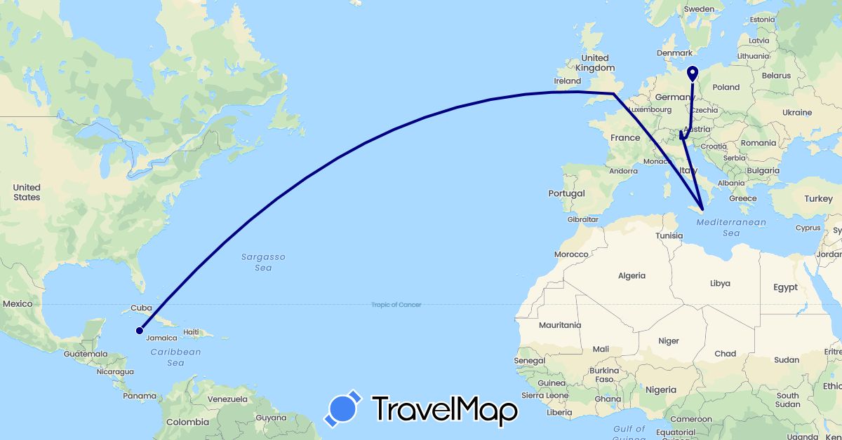 TravelMap itinerary: driving in Austria, Germany, United Kingdom, Italy, Cayman Islands (Europe, North America)